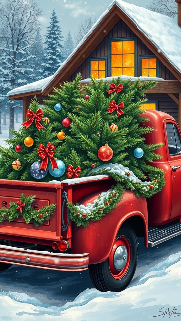 A colorful Christmas truck painting with trees in the bed, snowy background, and warm cabin light.